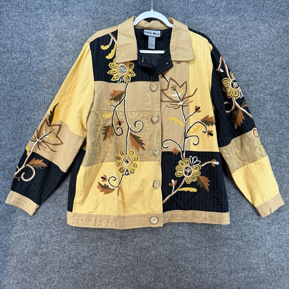 Vintage Indigo Moon Jacket Large Patchwork Button… - image 1